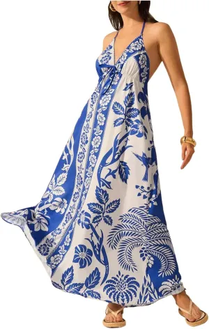 SHENHE Women's Summer Tropical Floral Halter Maxi Dress Open Back Empire Waist Flowy Boho Dress