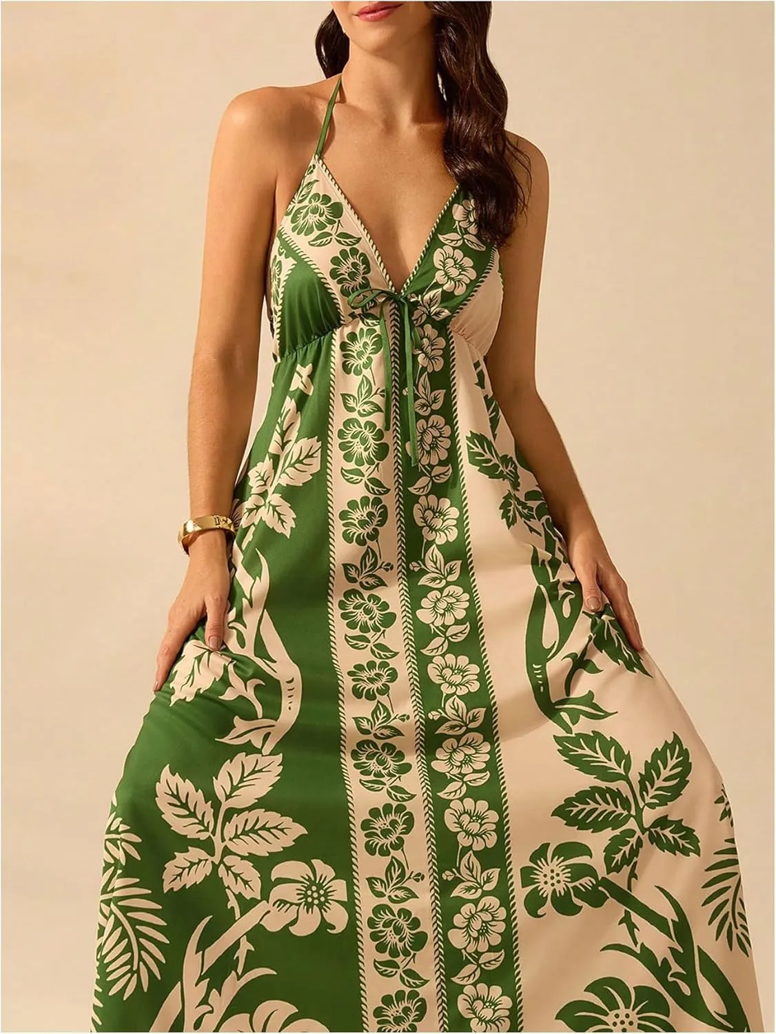 SHENHE Women's Summer Tropical Floral Halter Maxi Dress Open Back Empire Waist Flowy Boho Dress