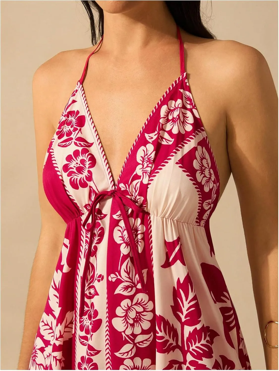 SHENHE Women's Summer Tropical Floral Halter Maxi Dress Open Back Empire Waist Flowy Boho Dress