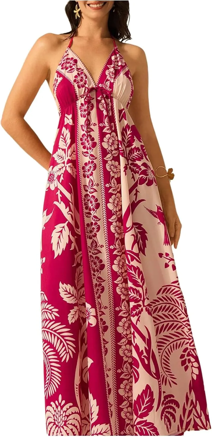 SHENHE Women's Summer Tropical Floral Halter Maxi Dress Open Back Empire Waist Flowy Boho Dress
