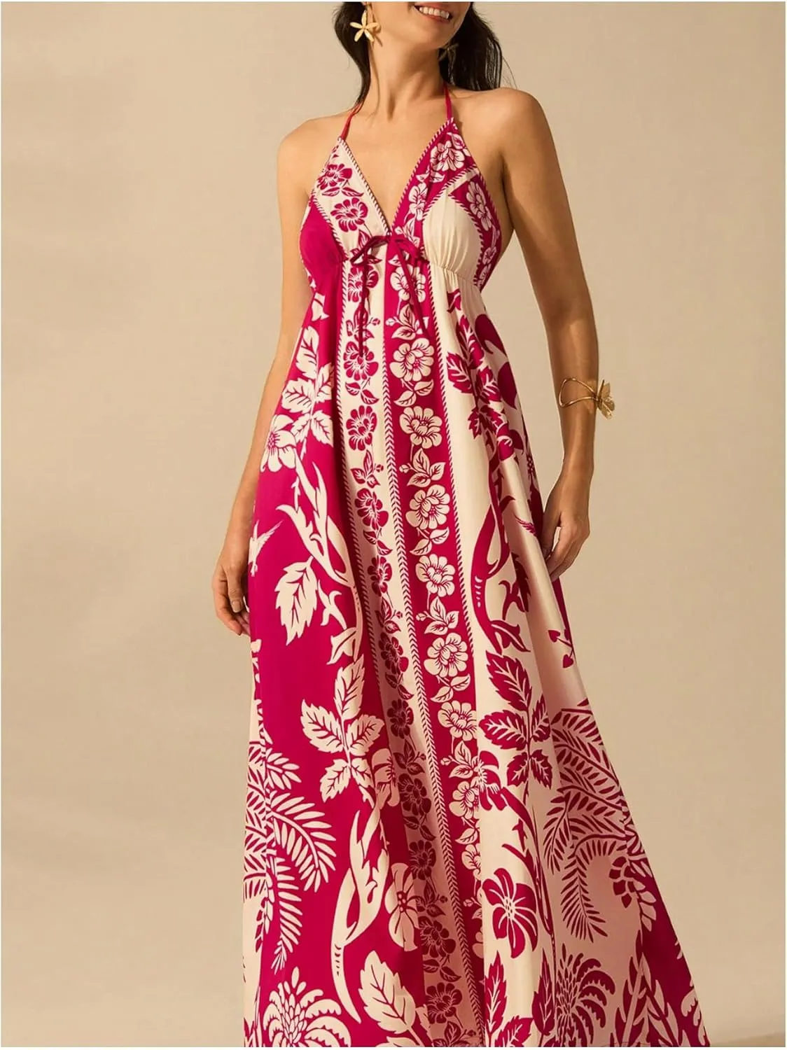 SHENHE Women's Summer Tropical Floral Halter Maxi Dress Open Back Empire Waist Flowy Boho Dress