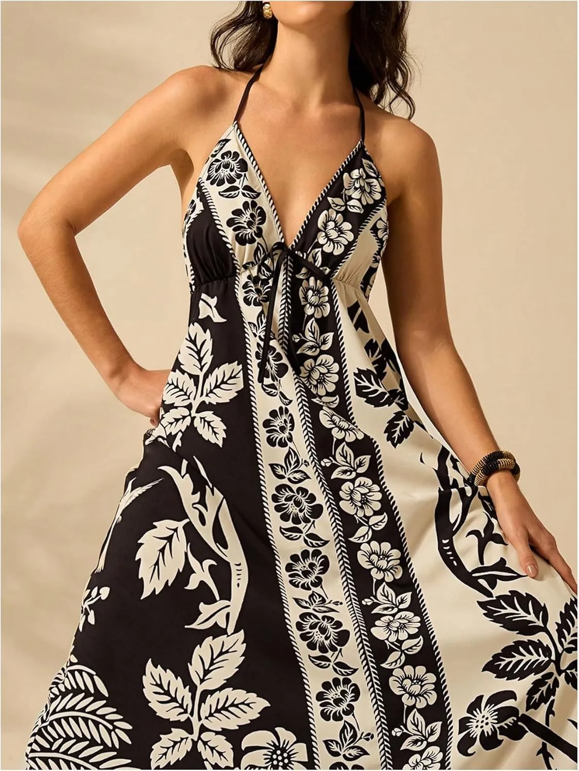 SHENHE Women's Summer Tropical Floral Halter Maxi Dress Open Back Empire Waist Flowy Boho Dress