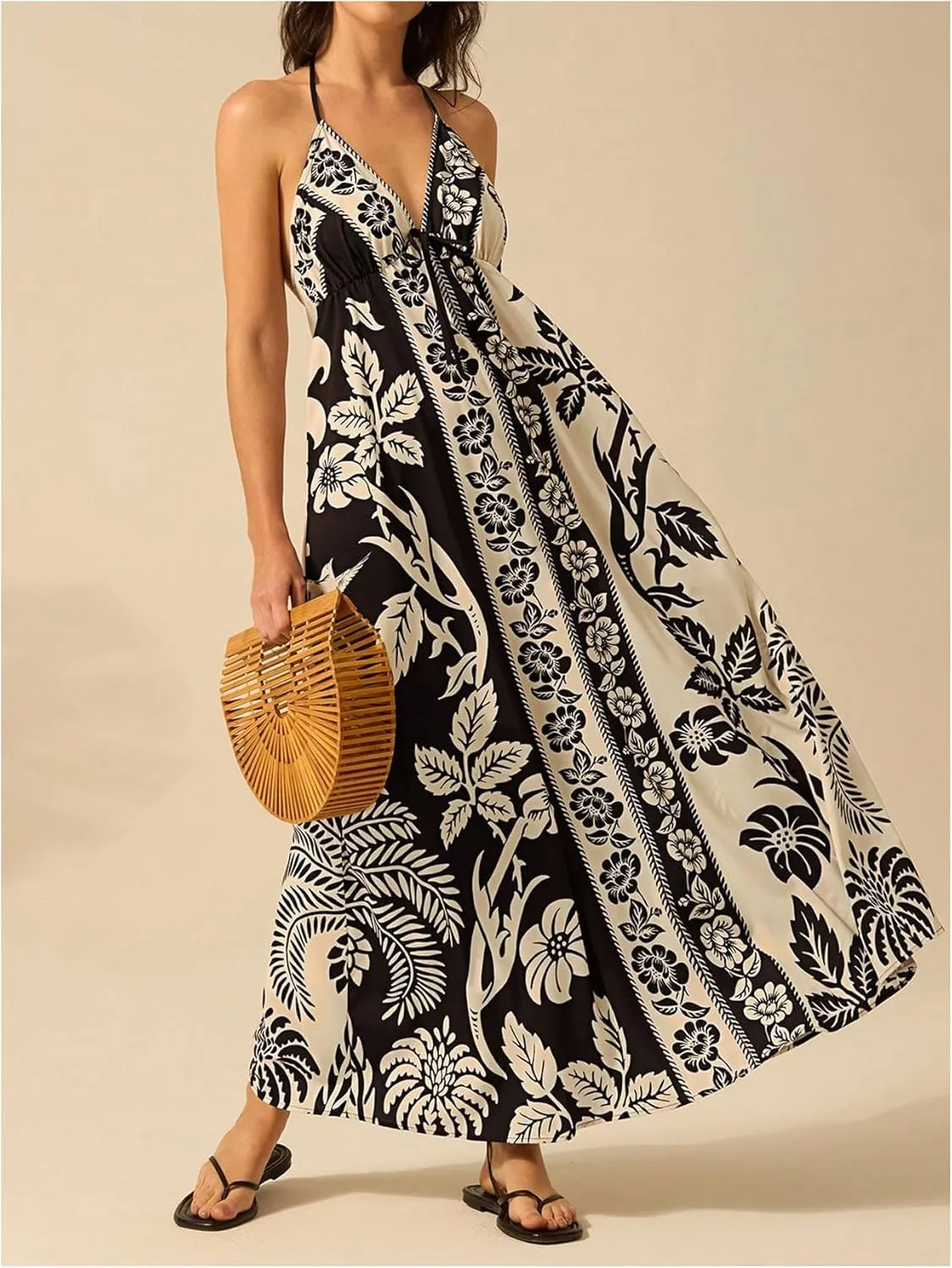 SHENHE Women's Summer Tropical Floral Halter Maxi Dress Open Back Empire Waist Flowy Boho Dress