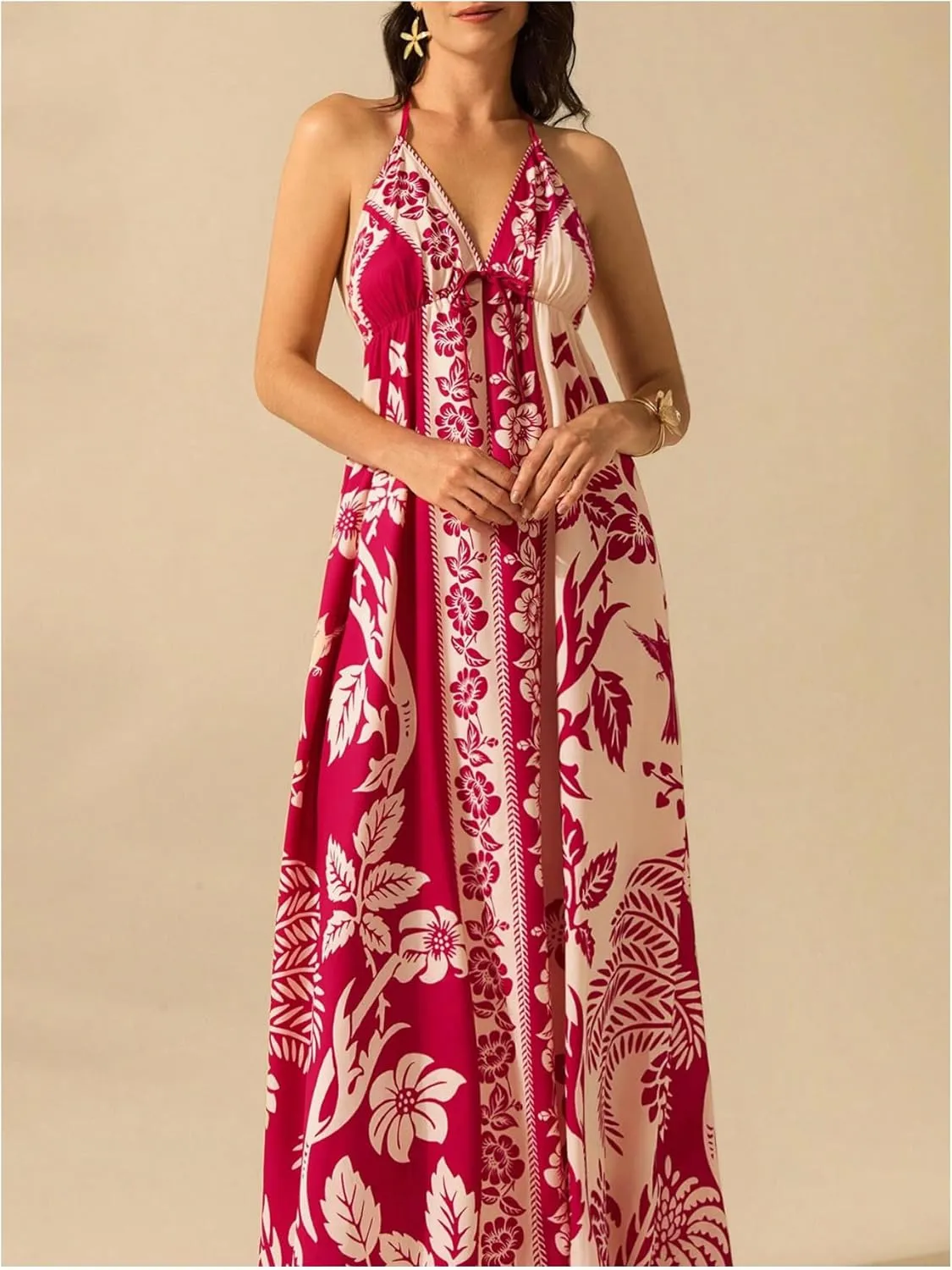SHENHE Women's Summer Tropical Floral Halter Maxi Dress Open Back Empire Waist Flowy Boho Dress