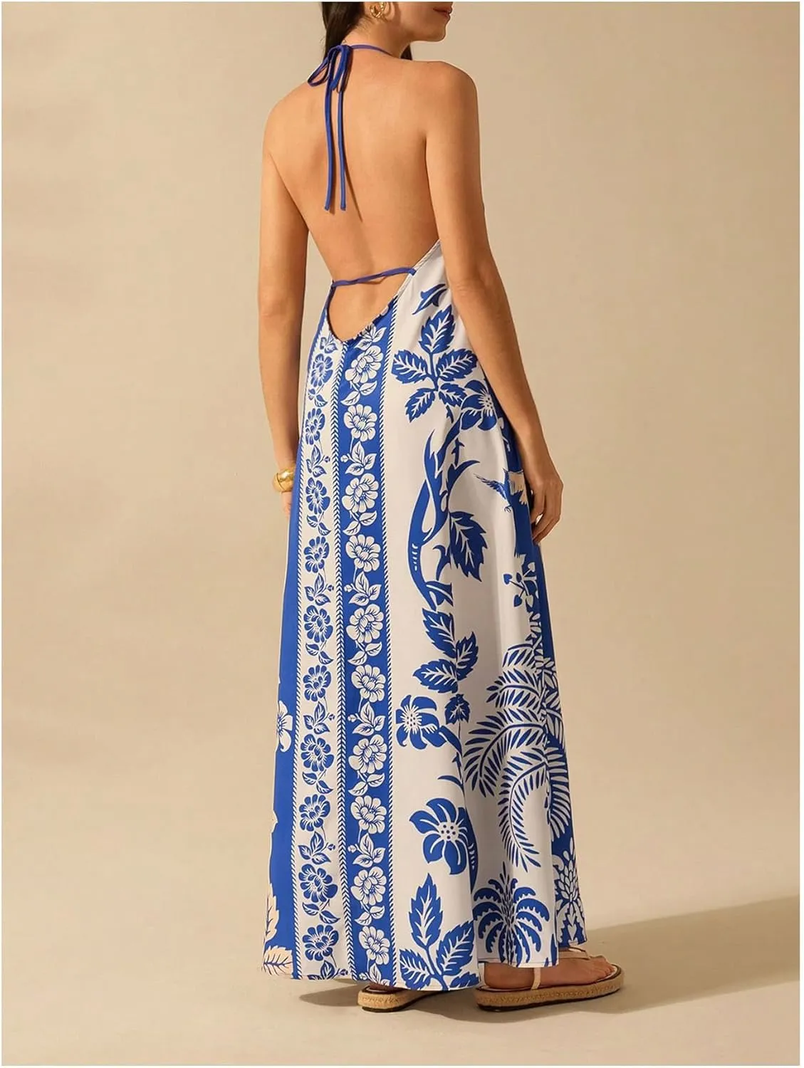 SHENHE Women's Summer Tropical Floral Halter Maxi Dress Open Back Empire Waist Flowy Boho Dress
