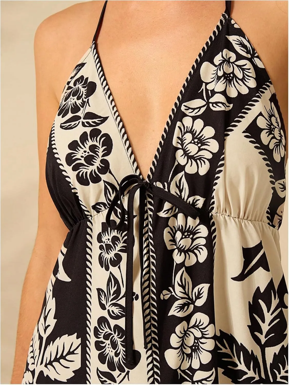 SHENHE Women's Summer Tropical Floral Halter Maxi Dress Open Back Empire Waist Flowy Boho Dress