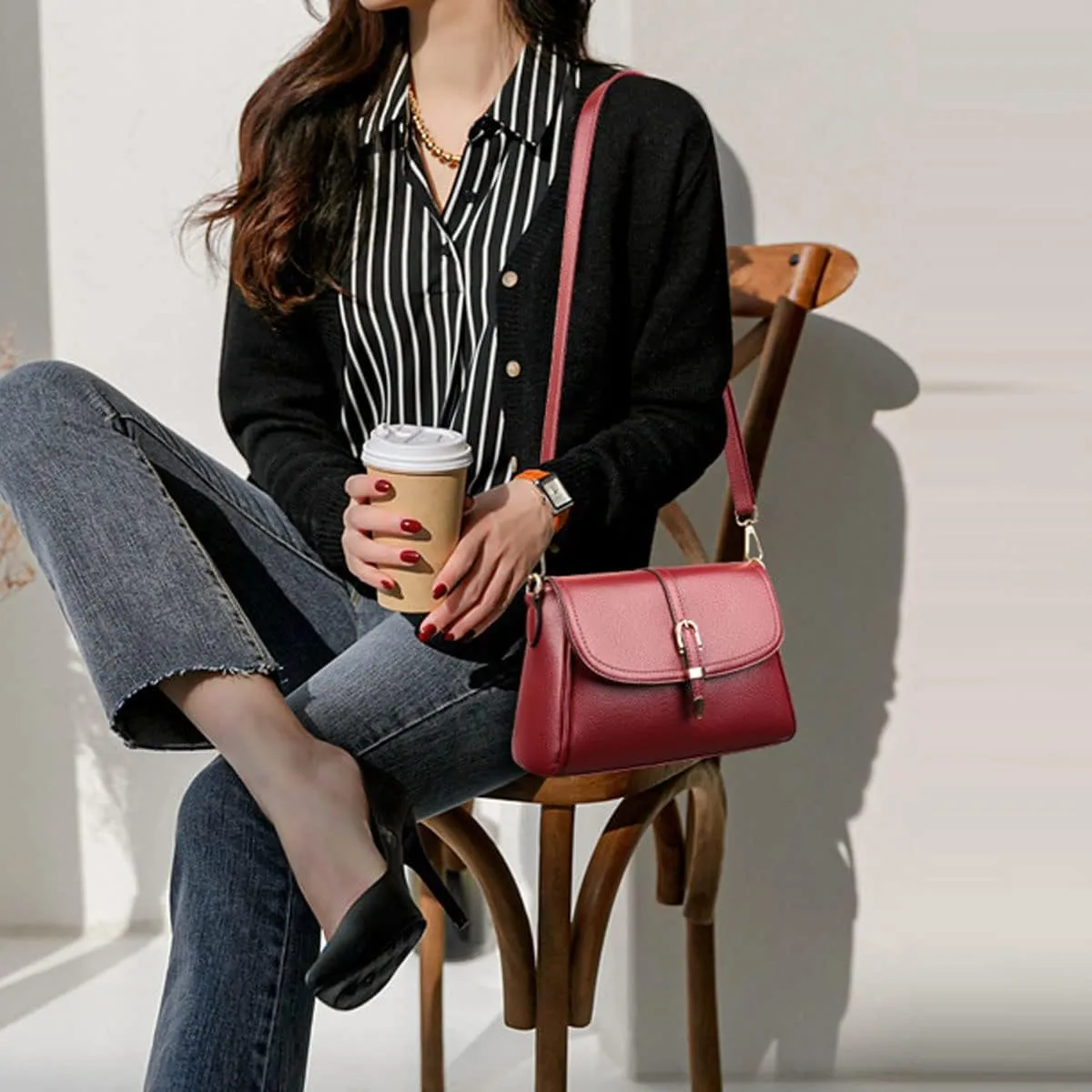 Shoulder Bags and Purses for Women PU Leather Satchel Multi-pocket Crossbody Bag Tote 2 Detachable Shoulder Straps