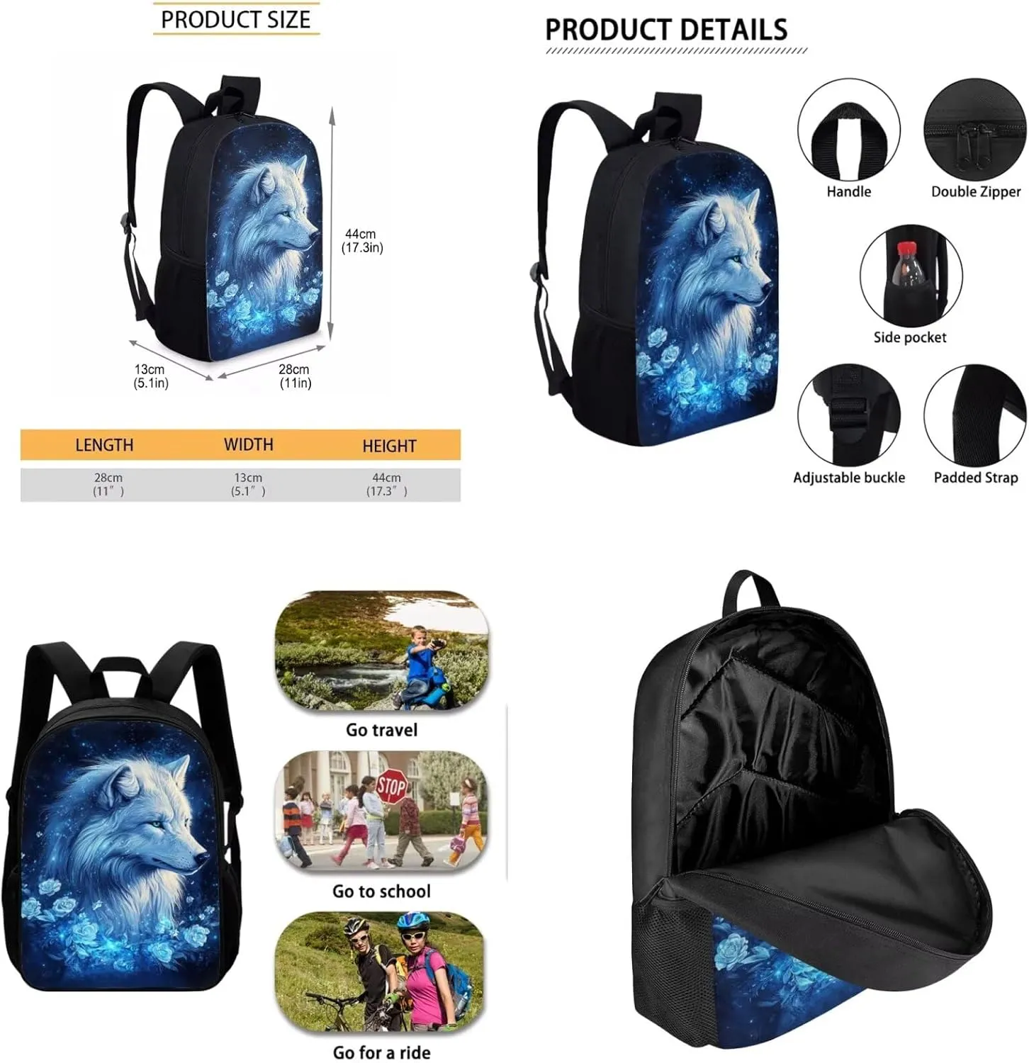 Showudesigns Rose Wolf Backpack for Girls 10-12 12-14 Middle School Bag Lunch Box Set Pencil Case Kids Bookbag 6Th/7Th Grade Teens School Bag 17 Inch Back Pack Casual Daypack Rucksack