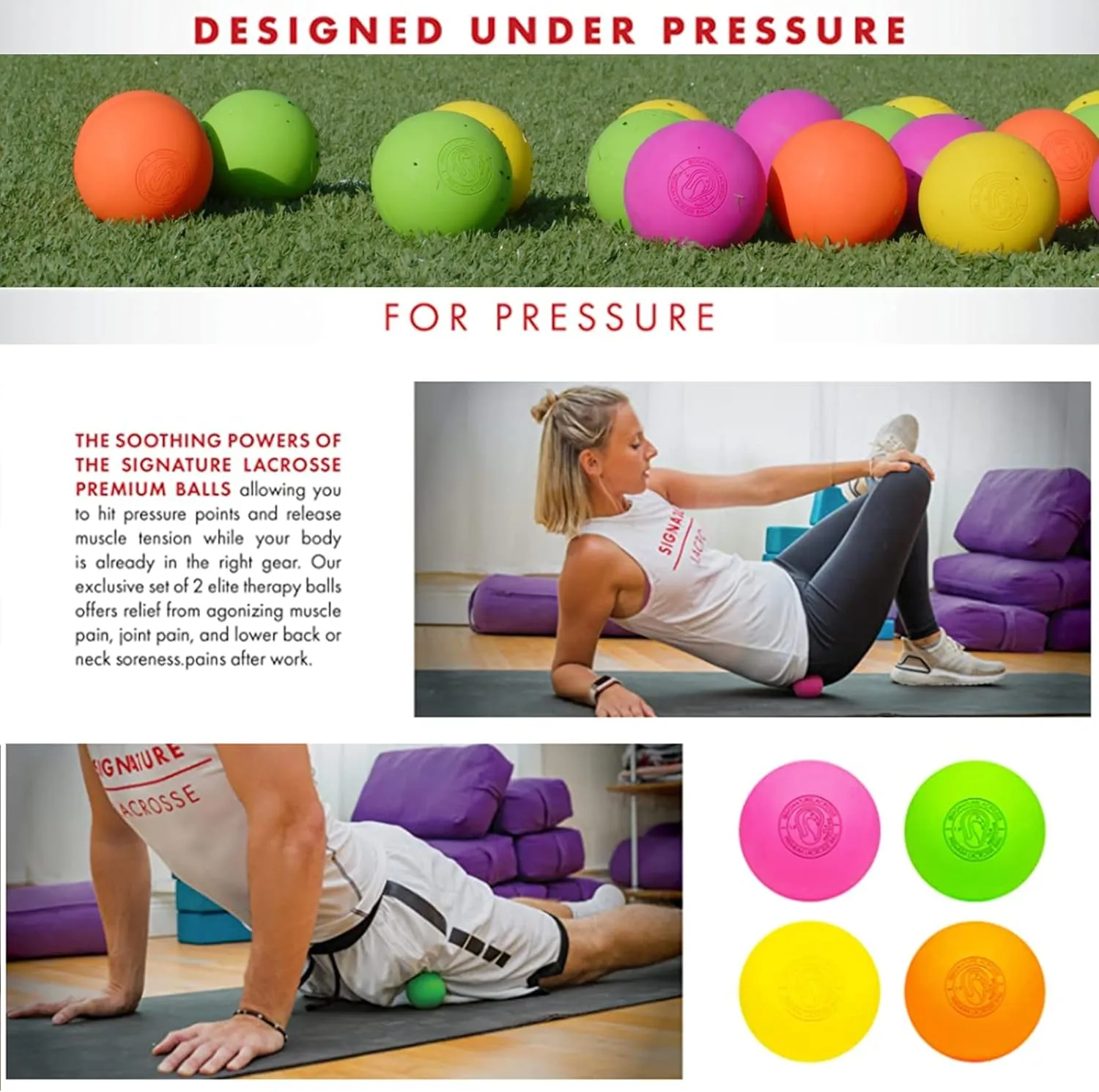 Signature Lacrosse Ball Set - Packs of 2, 4, 8, 12, and 120 - No Chemical Smell Massage Balls, Myofascial Release Tools, Back Roller, Muscle Knot Remover