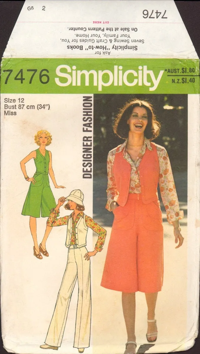 Simplicity 7476 Designer Fashion Button Front Shirt, Vest, Culottes and Pants, Uncut, Factory Folded, Sewing Pattern Size 12