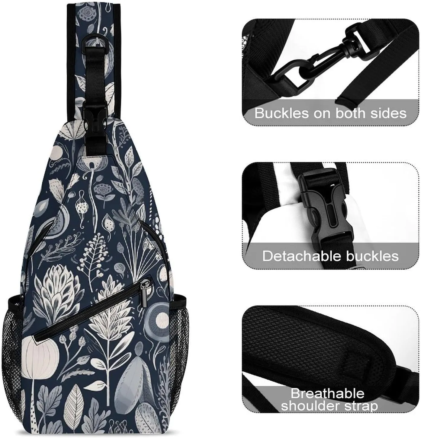 Sling Bag for Women Men Chest Bag Black Flowers Daypack Fanny Pack Cross Body Bag for Traveling