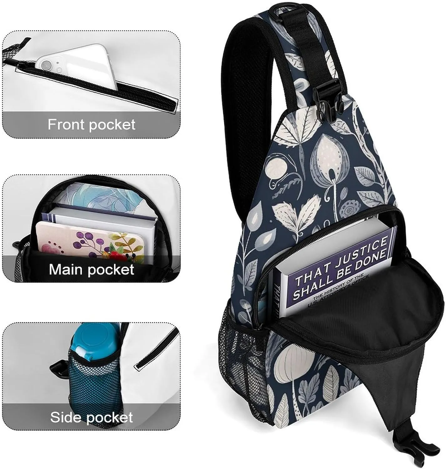 Sling Bag for Women Men Chest Bag Black Flowers Daypack Fanny Pack Cross Body Bag for Traveling