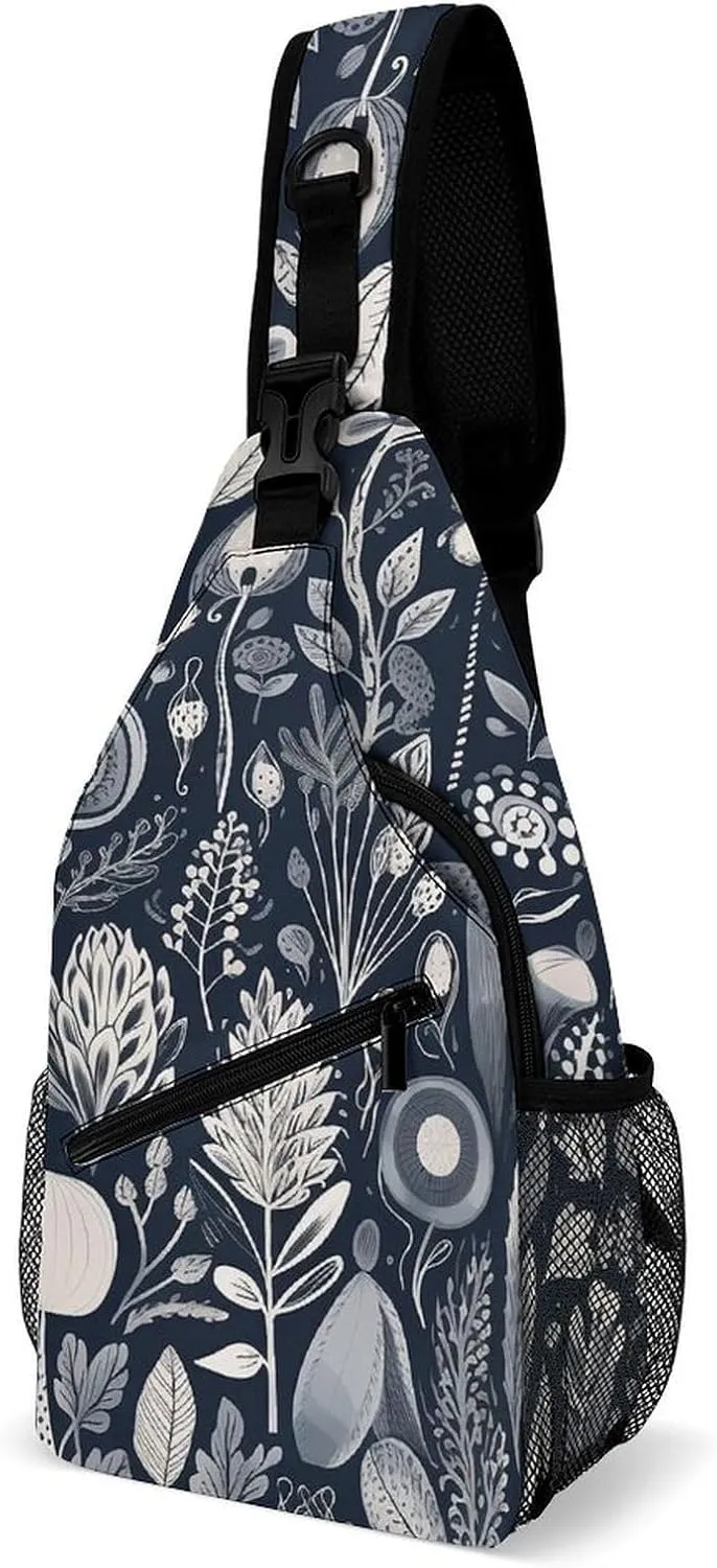 Sling Bag for Women Men Chest Bag Black Flowers Daypack Fanny Pack Cross Body Bag for Traveling