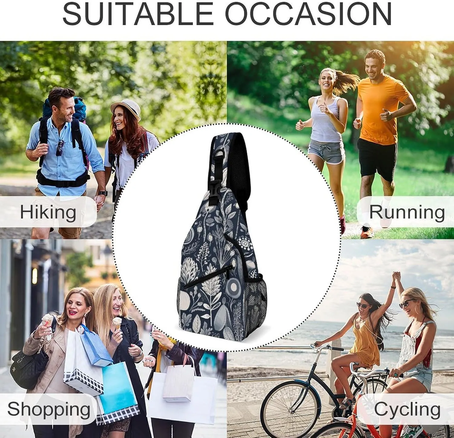 Sling Bag for Women Men Chest Bag Black Flowers Daypack Fanny Pack Cross Body Bag for Traveling