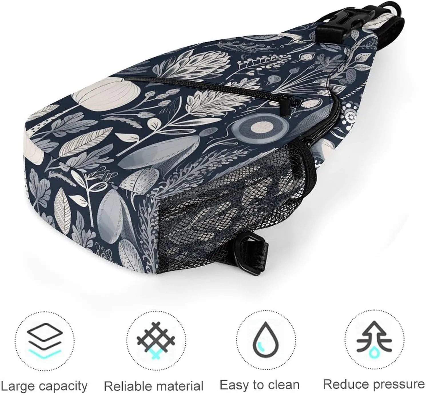 Sling Bag for Women Men Chest Bag Black Flowers Daypack Fanny Pack Cross Body Bag for Traveling