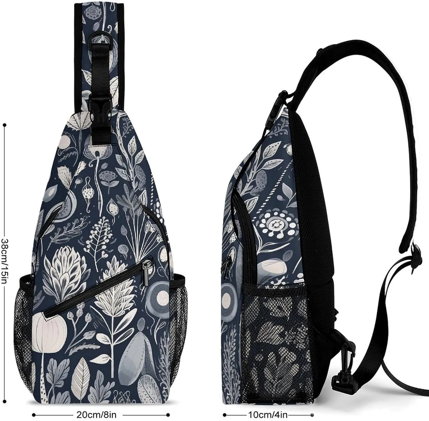 Sling Bag for Women Men Chest Bag Black Flowers Daypack Fanny Pack Cross Body Bag for Traveling