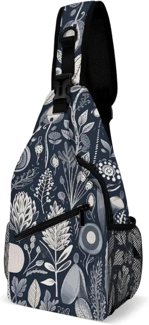 Sling Bag for Women Men Chest Bag Black Flowers Daypack Fanny Pack Cross Body Bag for Traveling