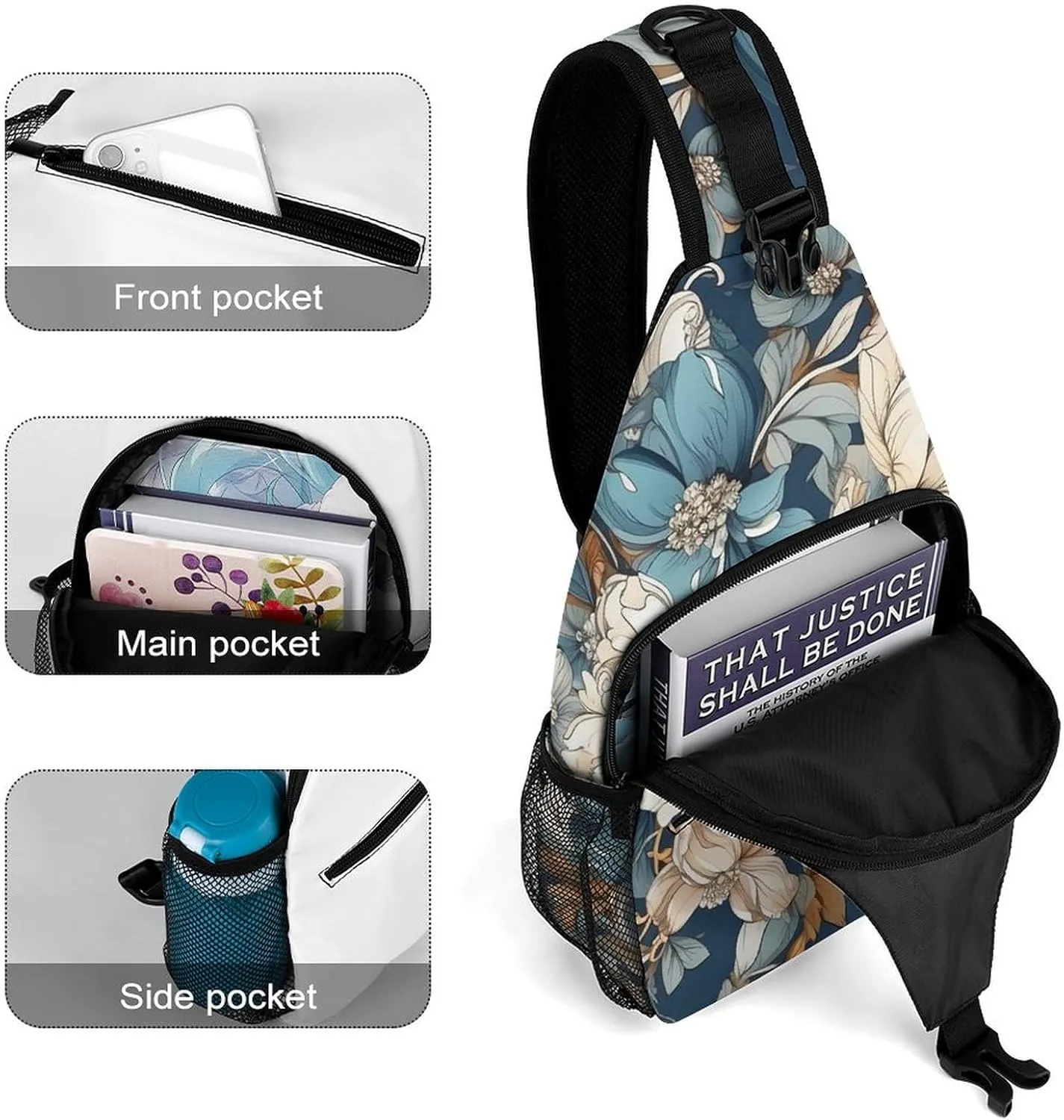 Sling Bag for Women Men Chest Bag Flower on Blue Background Daypack Fanny Pack Cross Body Bag for Traveling