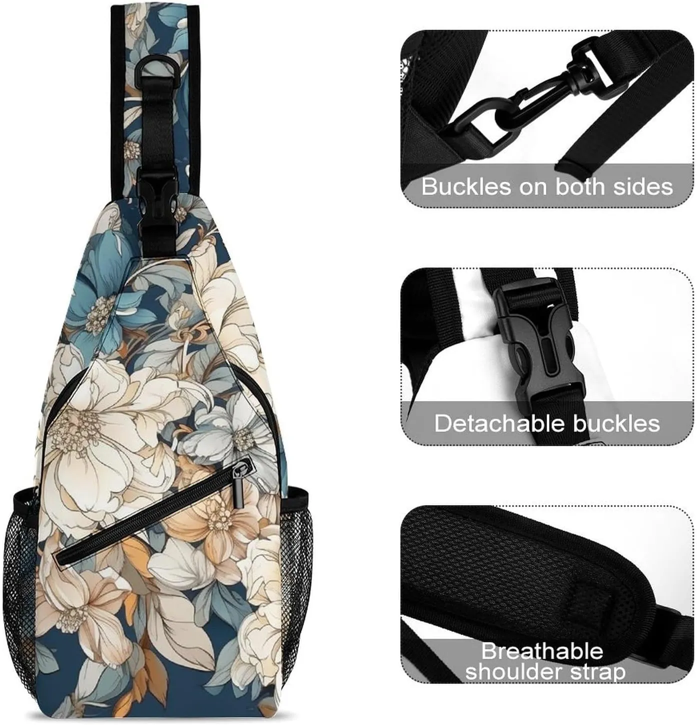 Sling Bag for Women Men Chest Bag Flower on Blue Background Daypack Fanny Pack Cross Body Bag for Traveling
