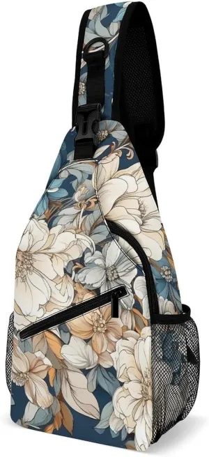 Sling Bag for Women Men Chest Bag Flower on Blue Background Daypack Fanny Pack Cross Body Bag for Traveling