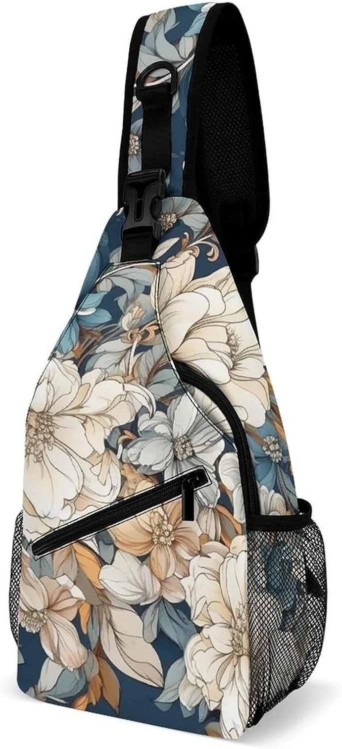 Sling Bag for Women Men Chest Bag Flower on Blue Background Daypack Fanny Pack Cross Body Bag for Traveling