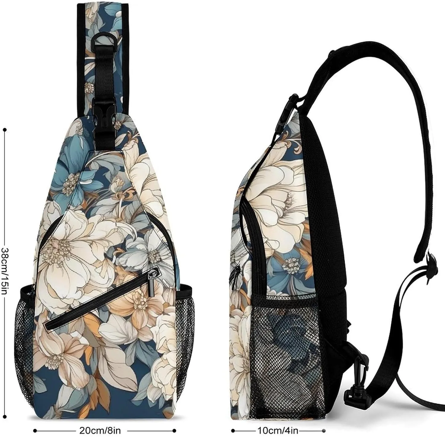 Sling Bag for Women Men Chest Bag Flower on Blue Background Daypack Fanny Pack Cross Body Bag for Traveling