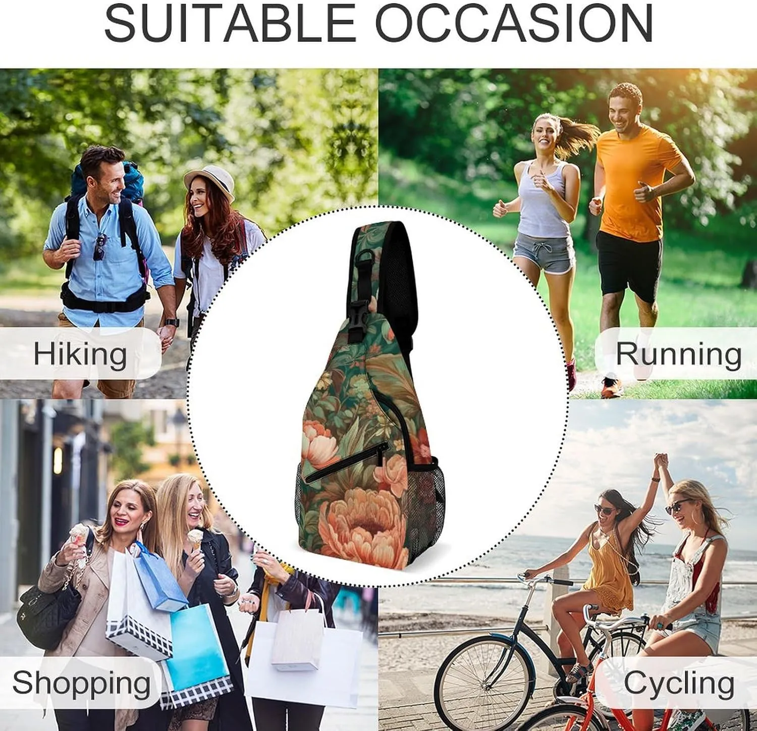 Sling Bag for Women Men Chest Bag Green Floral Pattern Daypack Fanny Pack Cross Body Bag for Traveling