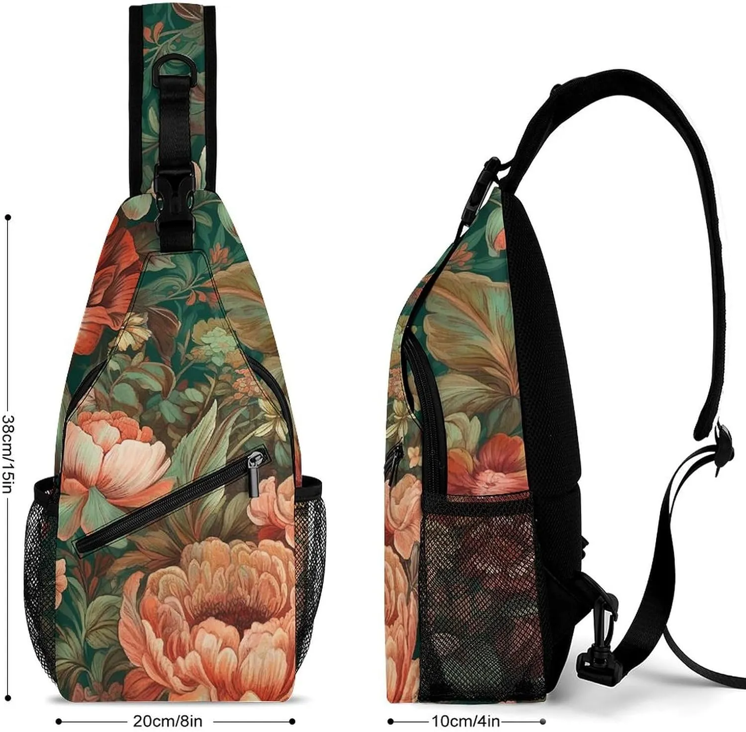 Sling Bag for Women Men Chest Bag Green Floral Pattern Daypack Fanny Pack Cross Body Bag for Traveling
