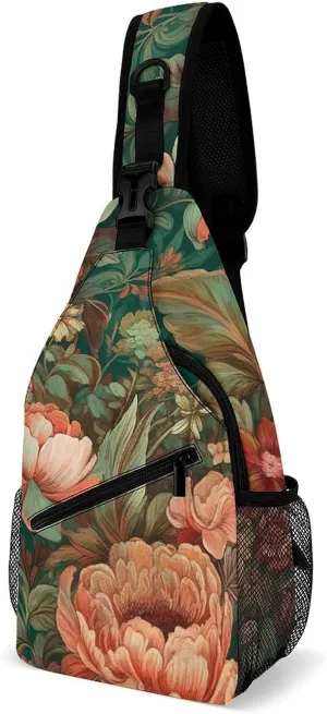 Sling Bag for Women Men Chest Bag Green Floral Pattern Daypack Fanny Pack Cross Body Bag for Traveling