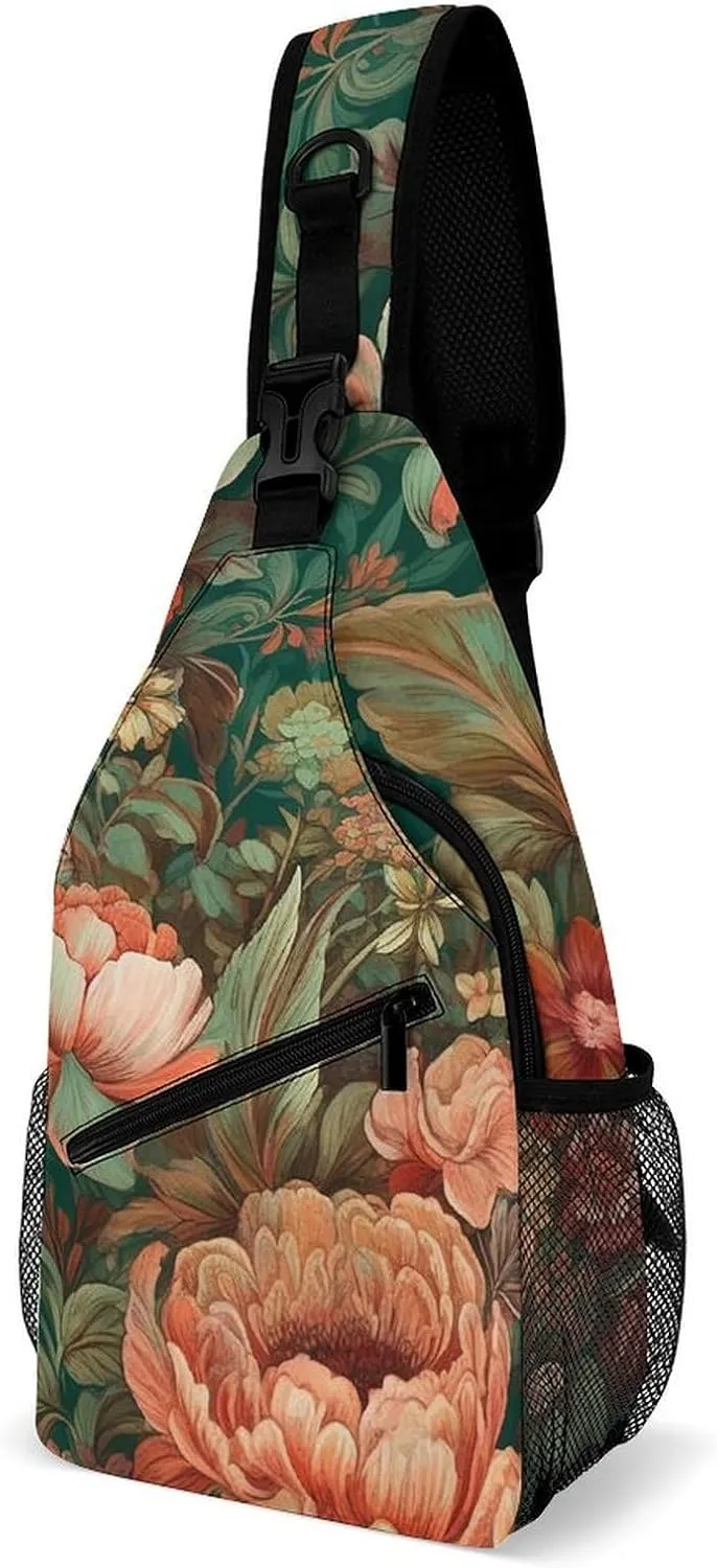 Sling Bag for Women Men Chest Bag Green Floral Pattern Daypack Fanny Pack Cross Body Bag for Traveling
