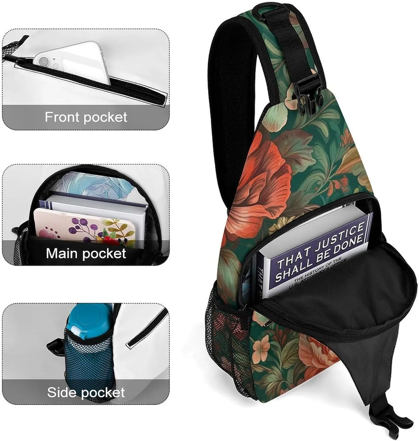 Sling Bag for Women Men Chest Bag Green Floral Pattern Daypack Fanny Pack Cross Body Bag for Traveling