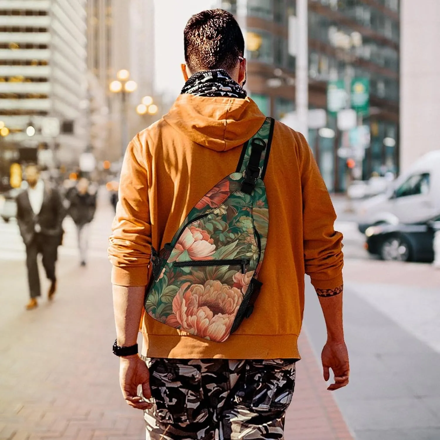 Sling Bag for Women Men Chest Bag Green Floral Pattern Daypack Fanny Pack Cross Body Bag for Traveling