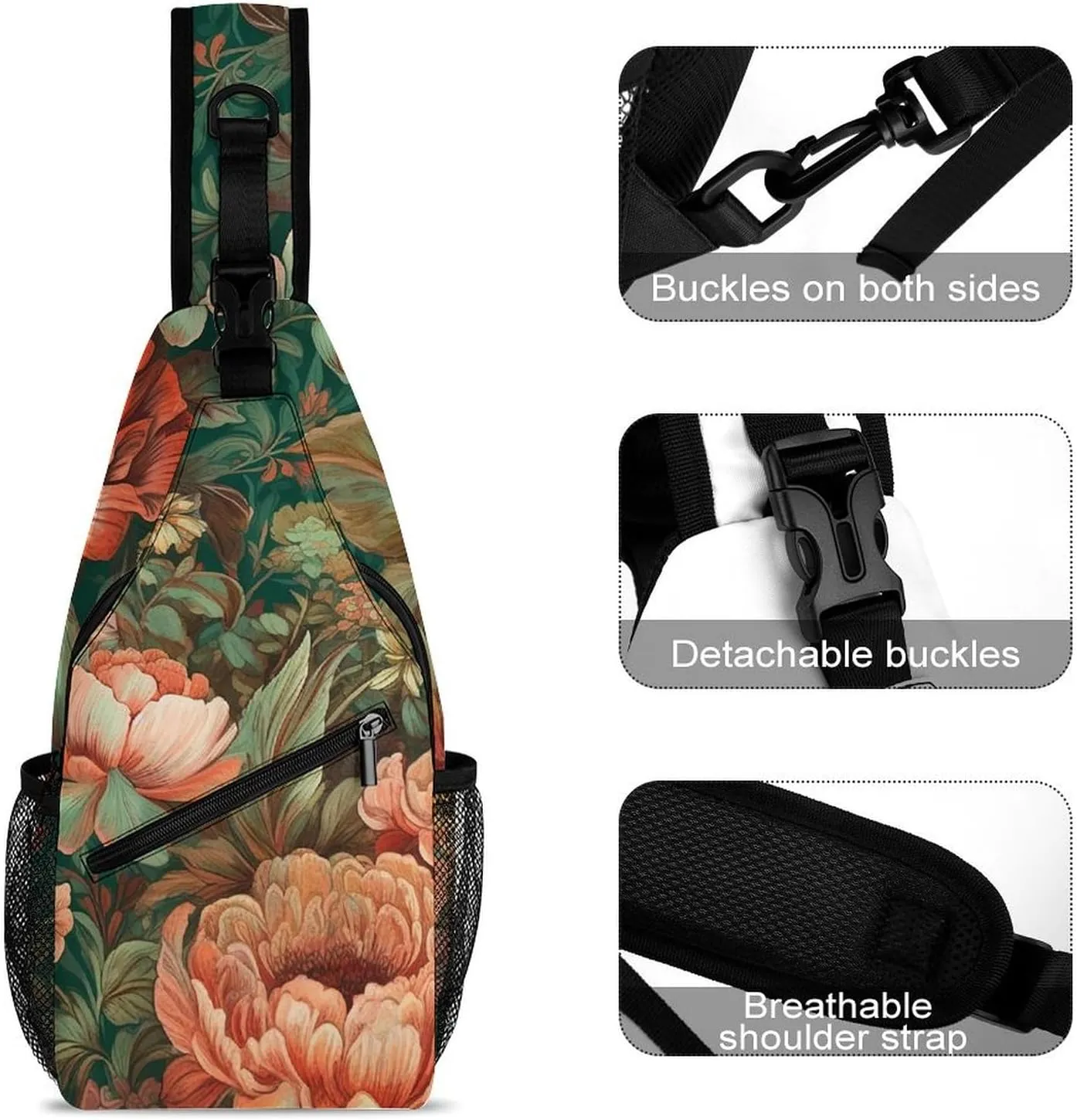 Sling Bag for Women Men Chest Bag Green Floral Pattern Daypack Fanny Pack Cross Body Bag for Traveling