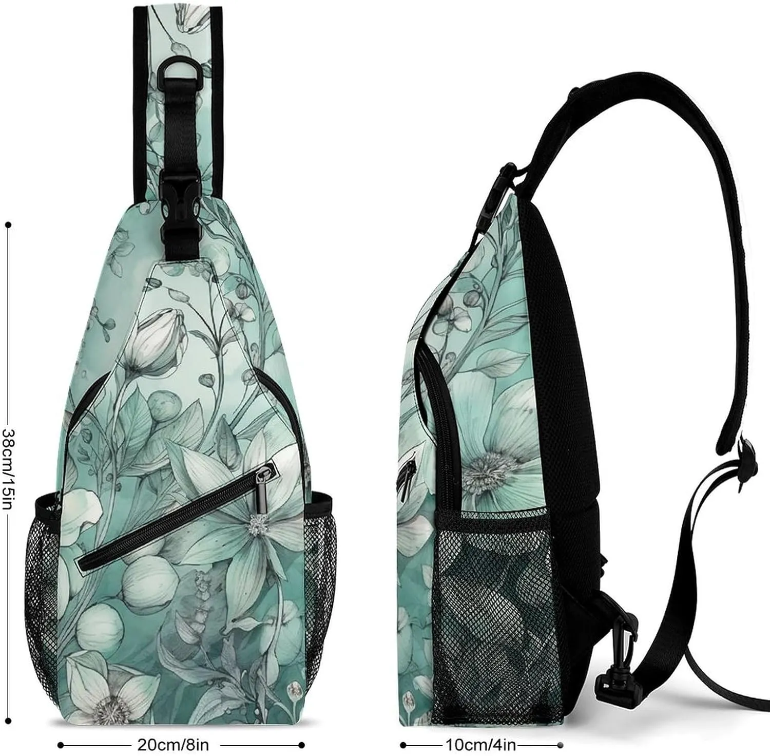 Sling Bag for Women Men Chest Bag Mint Green Floral Daypack Fanny Pack Cross Body Bag for Traveling