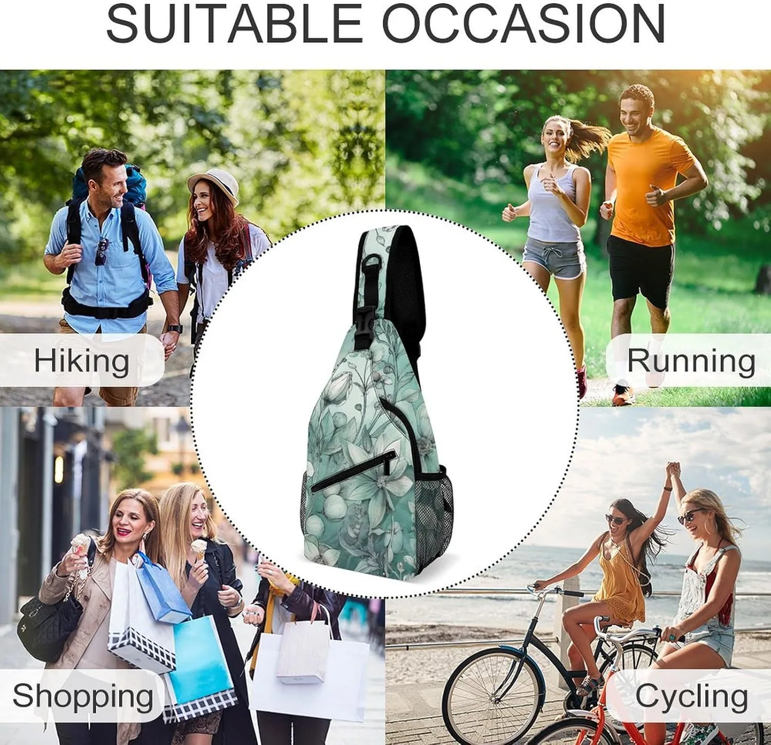 Sling Bag for Women Men Chest Bag Mint Green Floral Daypack Fanny Pack Cross Body Bag for Traveling