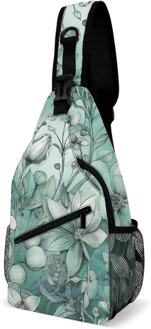 Sling Bag for Women Men Chest Bag Mint Green Floral Daypack Fanny Pack Cross Body Bag for Traveling