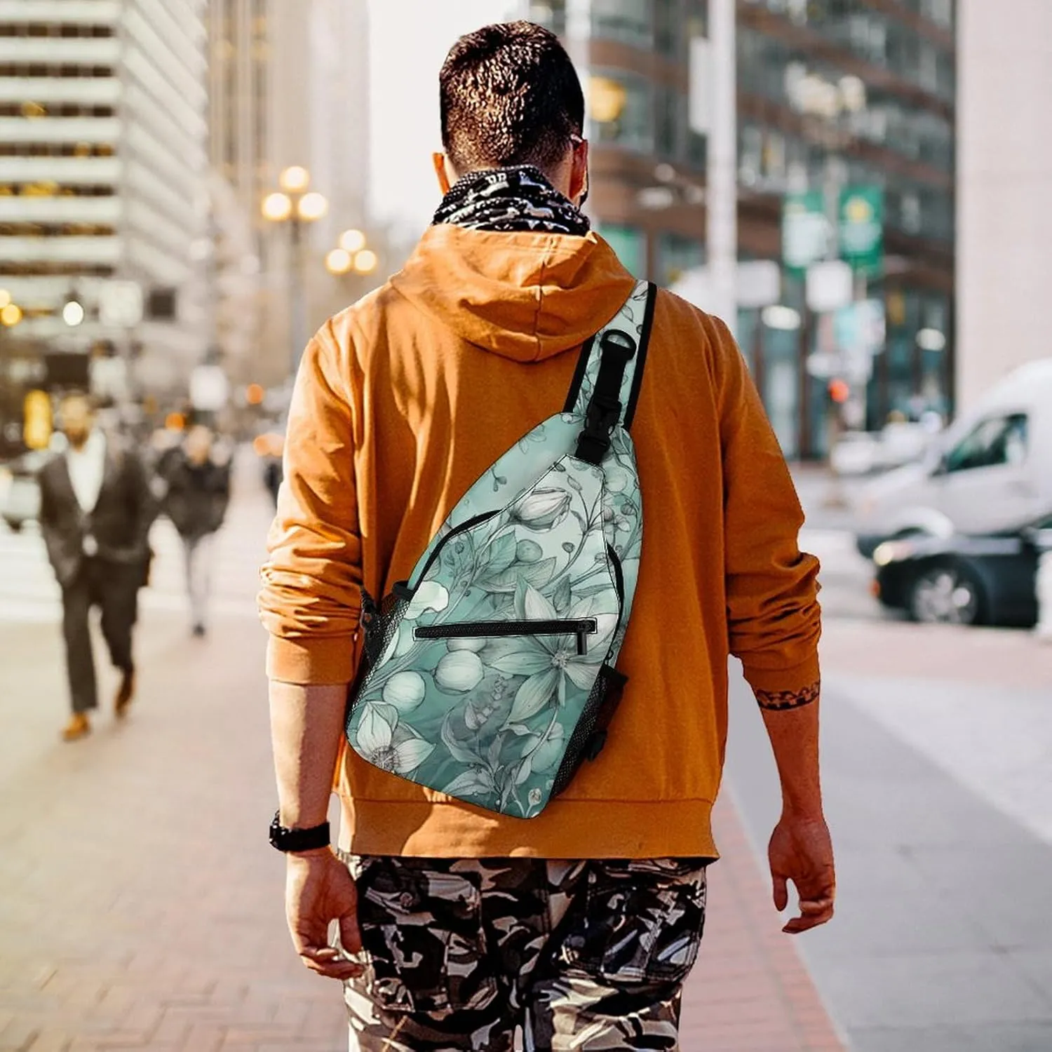 Sling Bag for Women Men Chest Bag Mint Green Floral Daypack Fanny Pack Cross Body Bag for Traveling