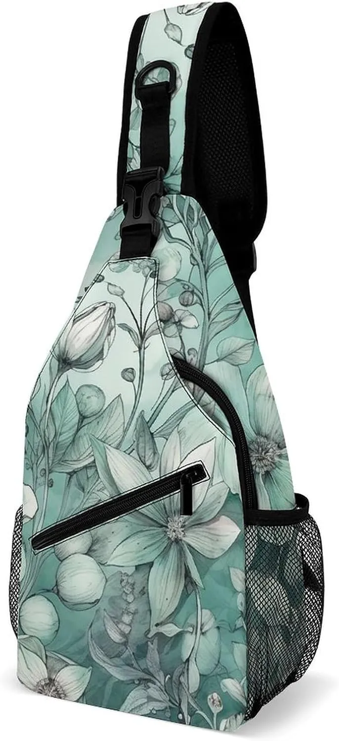 Sling Bag for Women Men Chest Bag Mint Green Floral Daypack Fanny Pack Cross Body Bag for Traveling