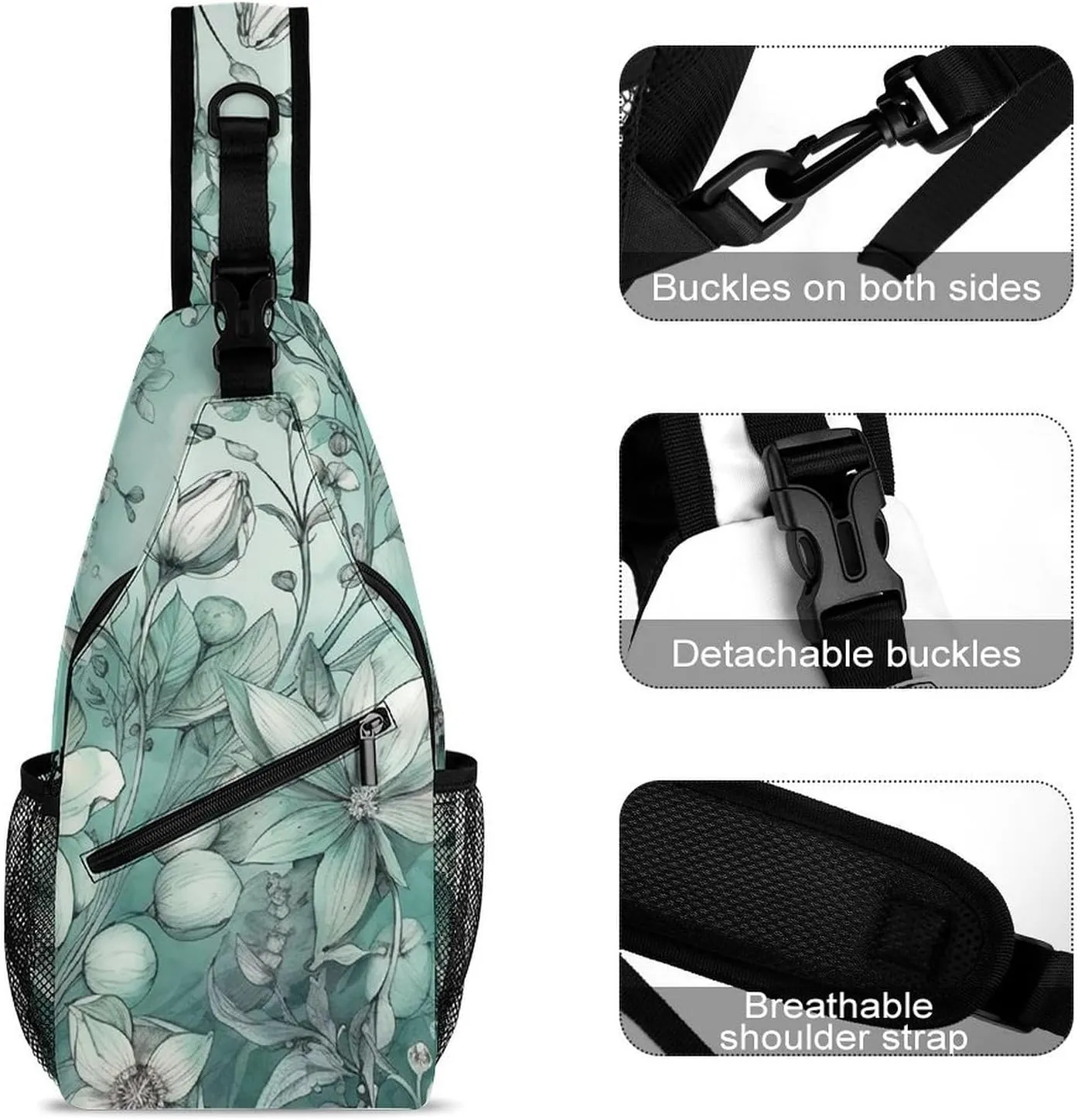 Sling Bag for Women Men Chest Bag Mint Green Floral Daypack Fanny Pack Cross Body Bag for Traveling