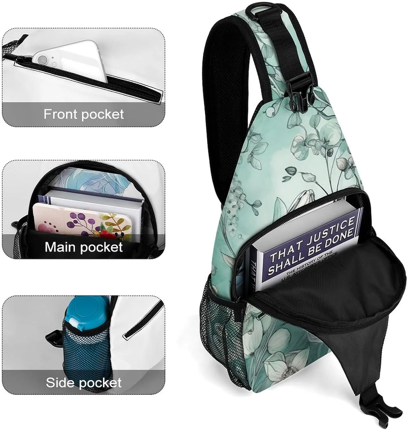 Sling Bag for Women Men Chest Bag Mint Green Floral Daypack Fanny Pack Cross Body Bag for Traveling