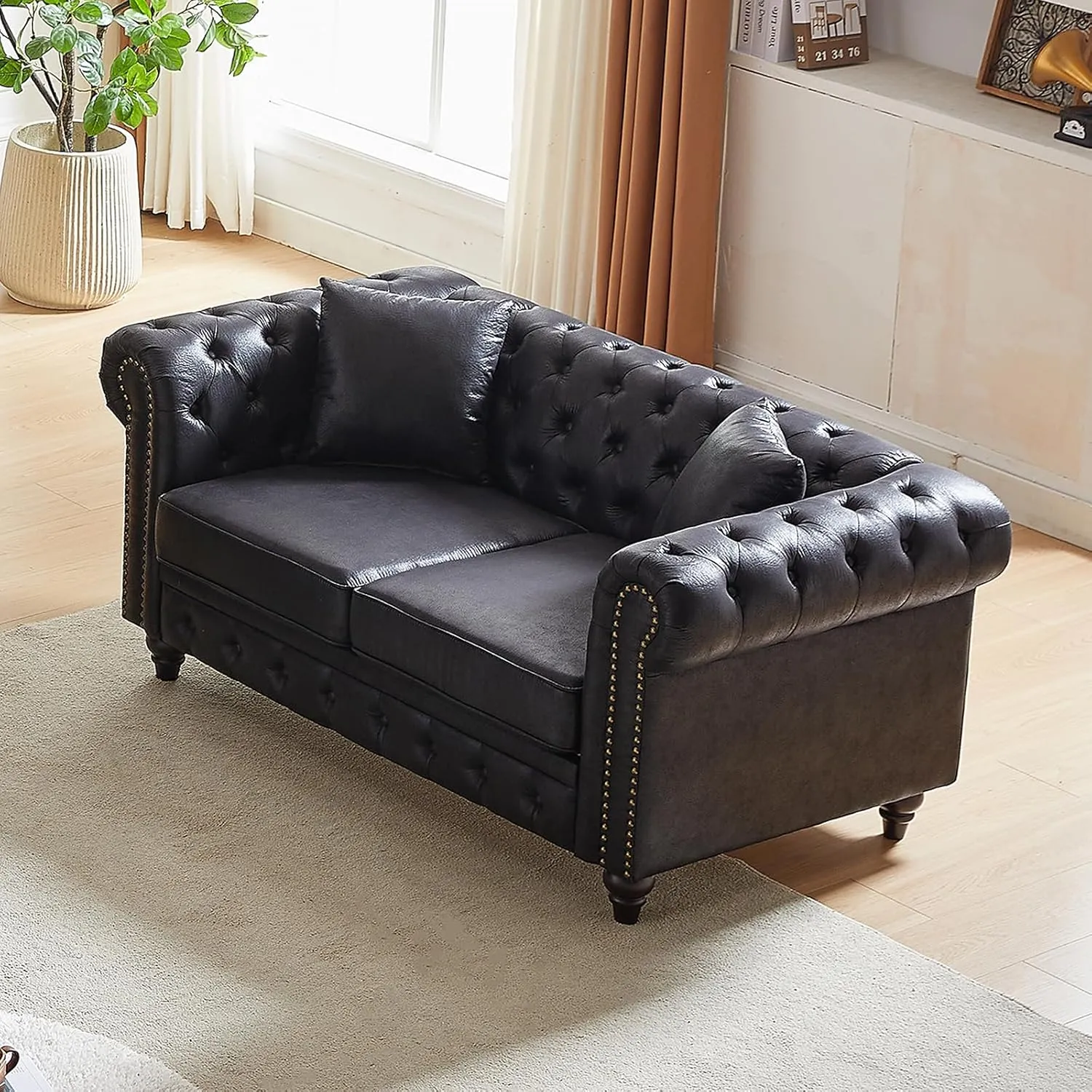 Small Couch,63.5" High-tech Fabric Button Tufted Love Seat Sofa with Nailhead Trim&Roll Armrest,Upholstered Mid Century Modern Couch,Comfy Chesterfield Sofa for Living Room,Small Place(2 Seater,Black)