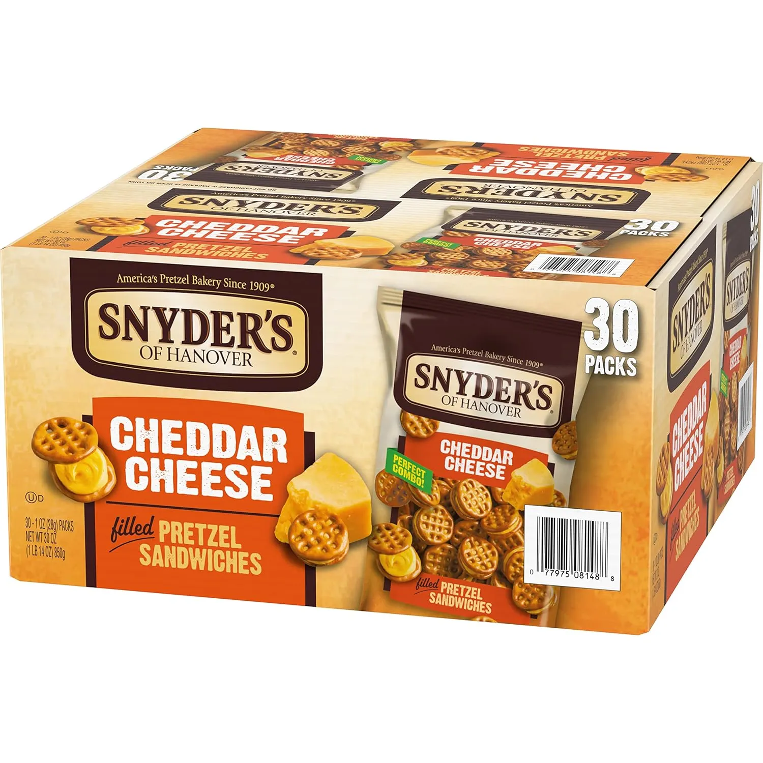 Snyder's of Hanover Pretzel Sandwiches, Cheddar Cheese, Snack Packs, 30 Ct