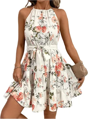 SOLY HUX Women's Floral Print Tiered Ruffle Hem Halter Dress Tie Back Flowy Mini Boho Dresses with Belt