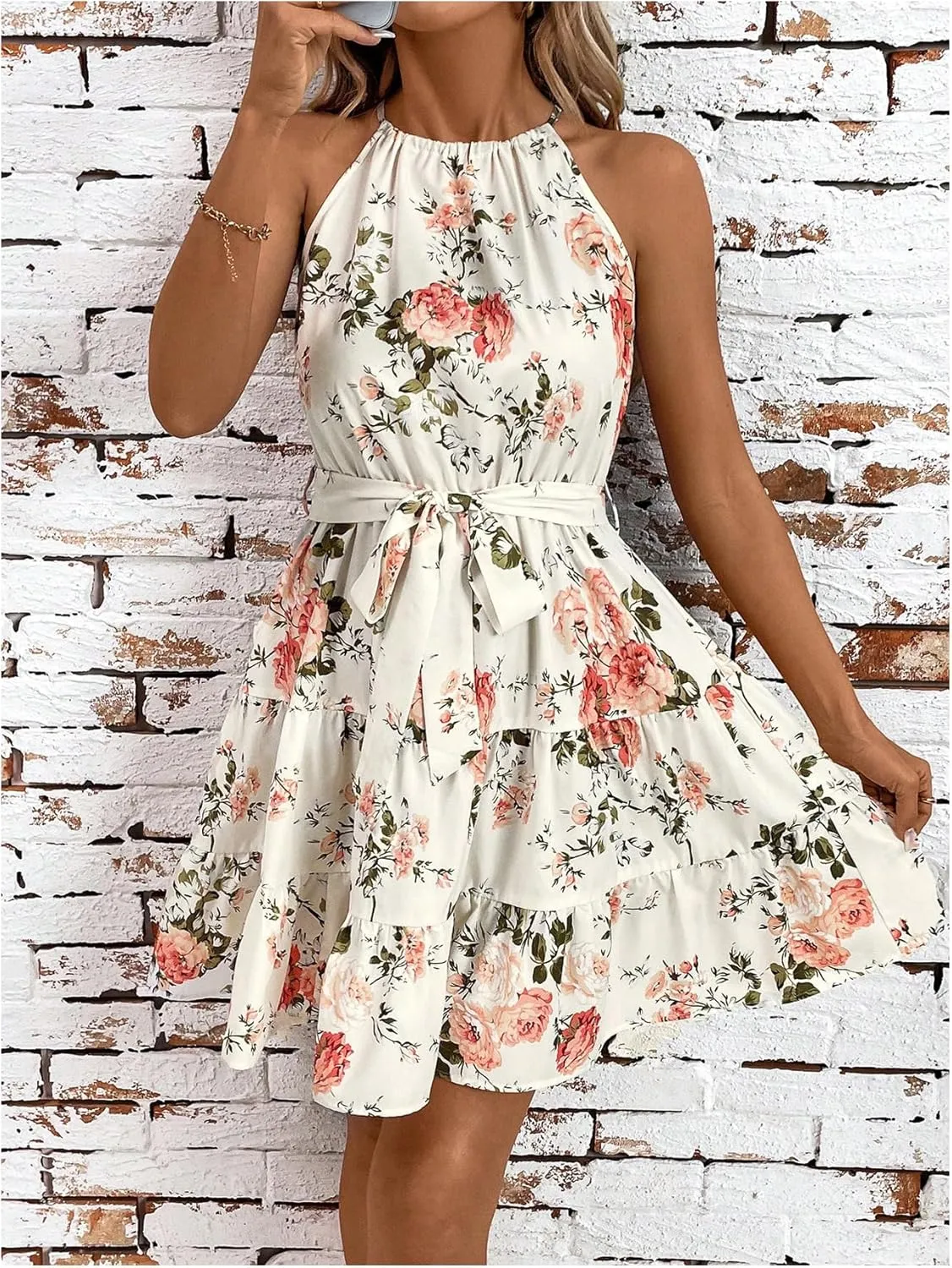 SOLY HUX Women's Floral Print Tiered Ruffle Hem Halter Dress Tie Back Flowy Mini Boho Dresses with Belt