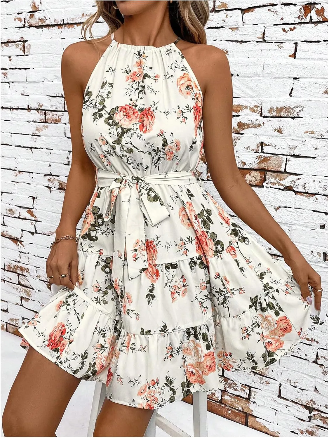 SOLY HUX Women's Floral Print Tiered Ruffle Hem Halter Dress Tie Back Flowy Mini Boho Dresses with Belt