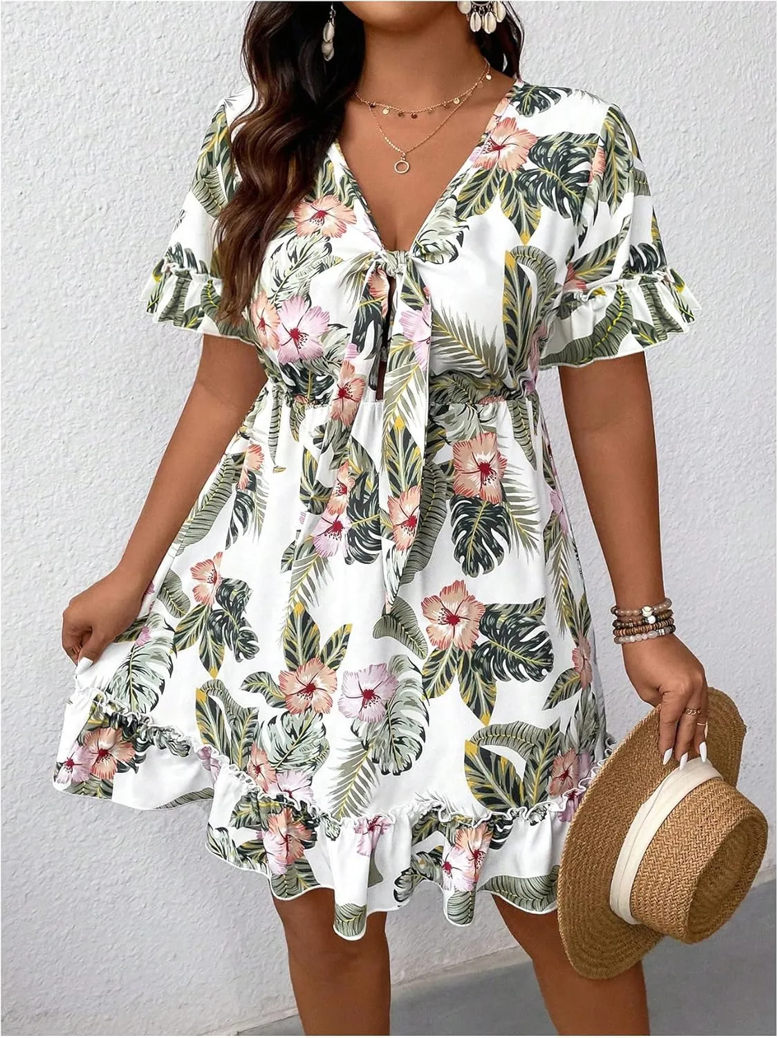 SOLY HUX Women's Plus Size Boho Floral Print Short Sleeve Dress Ruffle Hem V Neck Short Dresses