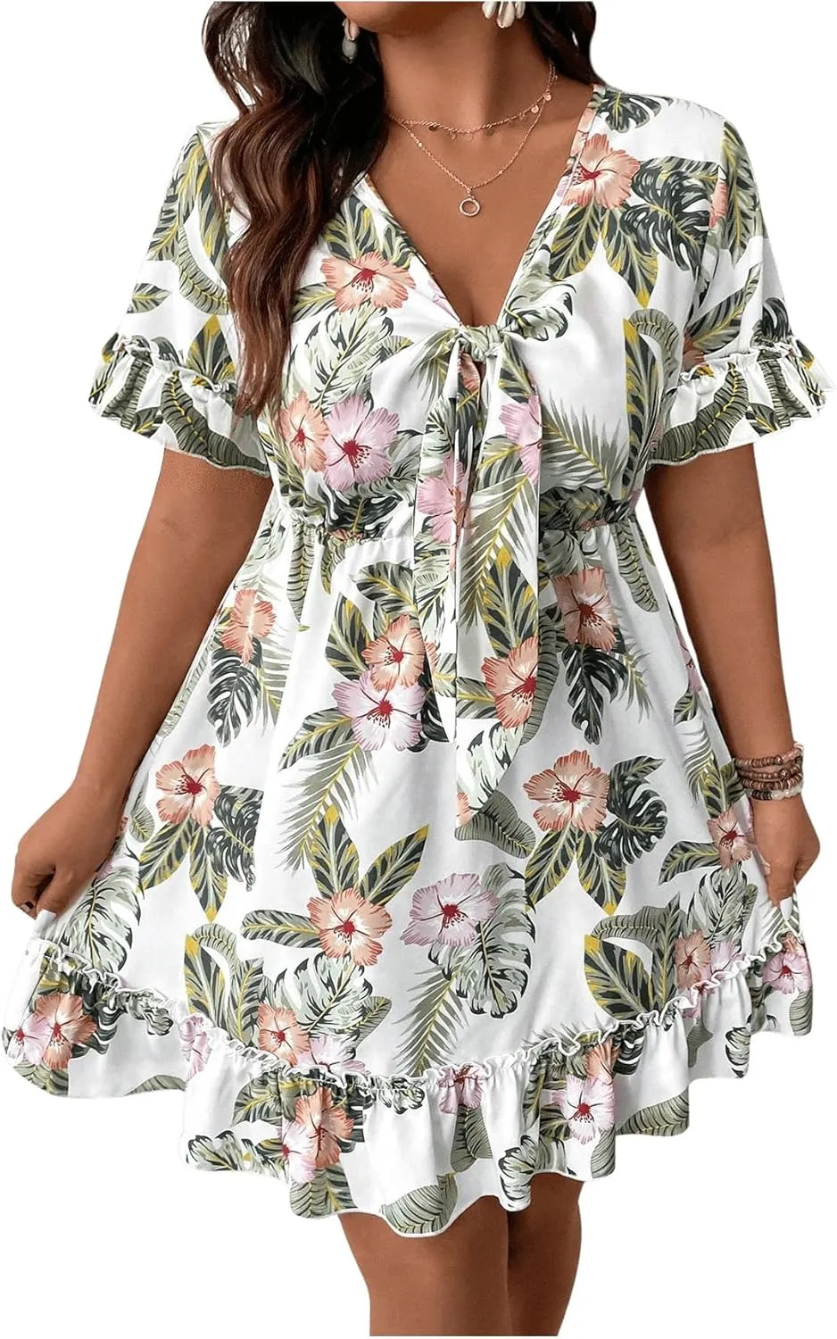 SOLY HUX Women's Plus Size Boho Floral Print Short Sleeve Dress Ruffle Hem V Neck Short Dresses