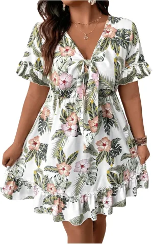 SOLY HUX Women's Plus Size Boho Floral Print Short Sleeve Dress Ruffle Hem V Neck Short Dresses