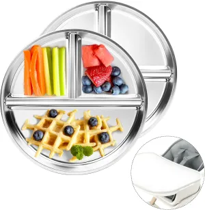 Stainless Steel Kids Plates 2 Packs, 8" Divided Toddlers portion control Plate, Non Toxic & BPA Free |Unbreakable |Dishwasher Safe Baby Snack Dish for Solid Starts Self-Feeding