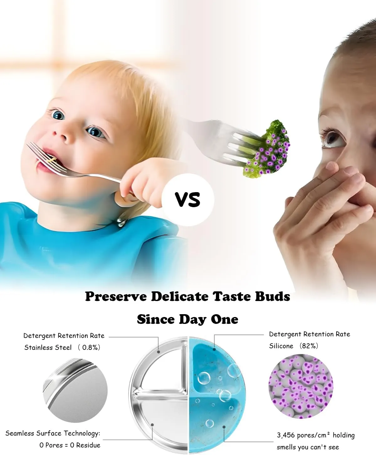 Stainless Steel Kids Plates 2 Packs, Deepened 9" Portion Control Plate Divided Plate for Toddlers Bigger Appetite, Non Toxic Unbreakable Metal Lunch Dishes